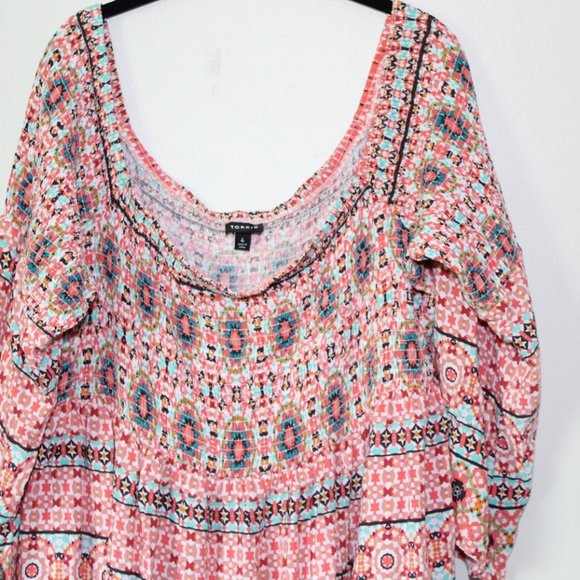 Torrid Mosaic Smocked Bell Sleeve Dress Boho Off Shoulder Plus Size 4 4X H13242 - Picture 3 of 11